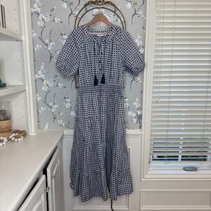Chicos Navy White Geometric Cane Print Smocked Tiered Maxi Dress Size 2.5 US 14